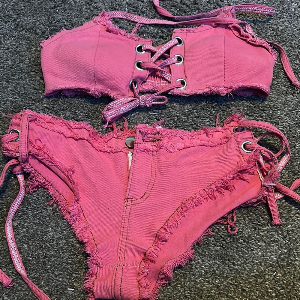 Pink Lace-Up Jean Bikini Set